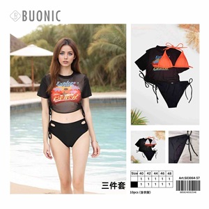 Buonic Conjunto de traje de baño de tres piezas para mujer, color negro y naranja, talla 40, 42, 44, 46, 48, bikini de verano, ropa para piscina - Product Image 1