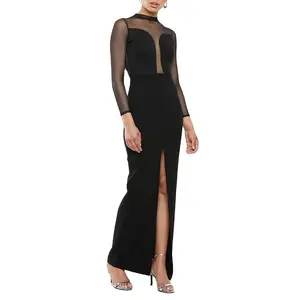 Роскошное сексуальное женское черное Сетчатое платье макси с круглым вырезом и длинным рукавом с Высоким Разрезом Вечернее платье для вечеринки