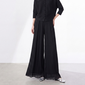 Women's Miyake Plus Size Mid Wide Leg Pleated Long Pants <b>Elastic</b> <b>Waist</b> Loose Slim Casual Spring 100% Polyester Minimalist Style - Product Image 4