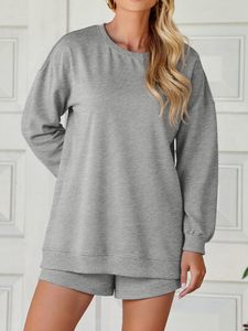 Conjunto de 2 Piezas para Mujer, Sudadera y Pantalones Cortos, Cuello Redondo, Manga Larga, Color Gris Sólido, Corte Regular, Ropa Casual, Transpirable, Tejido de Poliéster y Algodón - Product Image 5