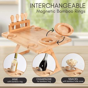 Table à pique-nique pliable en bambou pour charcuterie et vin avec 4 couteaux à fromage et porte-vin intégré, pratique pour servir à la maison ou en extérieur - Product Image 6
