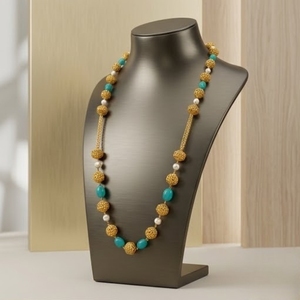 Collar Mala Antiguo de Plata 925 con Cuentas de Turquesa y Detalles de Perlas, Joyería Larga Tradicional para Mujer - Product Image 1