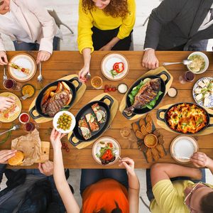 Enameled <b>Cast</b> Iron Oval Skillet with Wooden Serving Board Dual Handles Cooking <b>Pan</b> for Steak Fish - Product Image 2