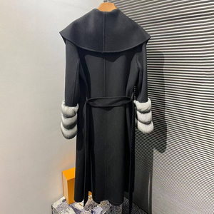 Abrigo de Cachemira de estilo largo popular para mujer, abrigo de lana con diseño de <span class=keywords><strong>Chinchilla</strong></span> con puños de piel de conejo Rex - Product Image 3