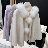 Élégant Poncho de Luxe pour Femme en Tricot avec Col en Véritable Fourrure de Renard, Châle Cape au Crochet, Manteau en Fourrure, Vêtements Doux pour Dames, Automne