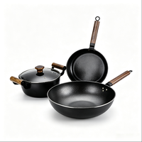 Ensemble de 3 ustensiles de cuisson en fer fin de haute pureté, antiadhésifs, compatibles avec les cuisinières à gaz, poignées en bois, couvercles en verre, durables et écologiques
