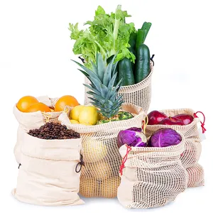 Wholesale 100% Organic Cotton Reusable Mesh Net Drawstring Bag Shopping Fruit Vegetable Produce Bag
