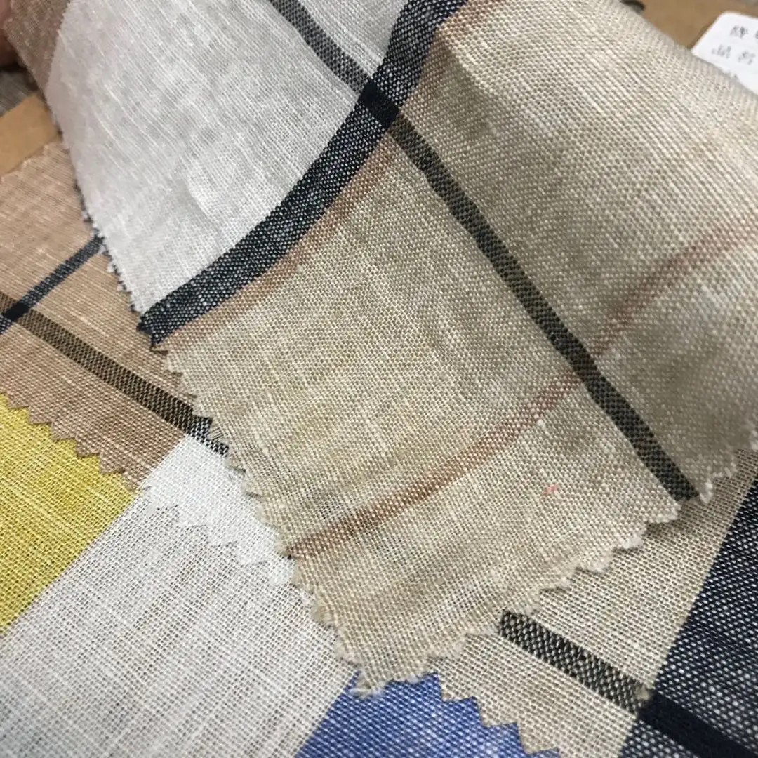 #1252 Eco-friendly 100% Linen Fabrics Yarn Dyed Check Flax Fabric Wholesale Manufacturers for Cloth High Quality French Natural