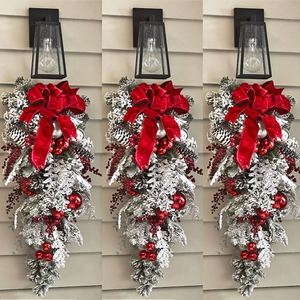 Couronne de Noël ronde en rotin floqué à suspendre au mur et à décorer les portes pour la décoration de la maison - Product Image 4