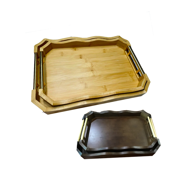 Serving Tray With Handles Set of 2,Bamboo Wood Serving Tray With Wave Edge Design,Ottoman Tray for Food, Tea Storage