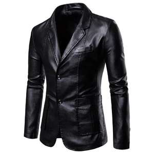 Veste Blazer en Simili Cuir Marron pour Homme Coupe Ajustée Deux Boutons Casual Formelle Vêtement de Bureau Veste en Cuir PU - Product Image 4