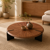 Fournisseur de meubles de salon, table basse classique en bois avec plateau en placage et base en acier inoxydable de style mid-century, sur mesure