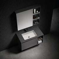 Meuble-lavabo de salle de bain modulaire minimaliste gris foncé de style européen avec rangement, miroir et vasque en céramique