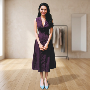 Robe midi élégante violette en lin biologique vintage avec nœud, sans manches, col en V, boutonnée sur le devant, coupe fourreau, décontractée pour le quotidien, ourlet droit ample - Product Image 2