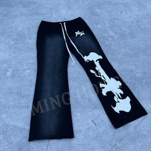 Pantalones de chándal acampanados con cinturón y cordón con estampado de lavado ácido Vintage de estilo callejero de diseño de fabricante para hombre - Product Image 1