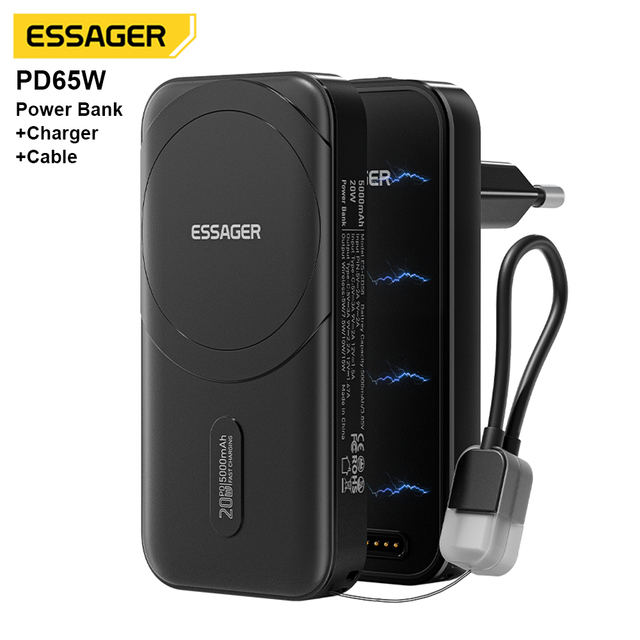 ESSAGER ES-CD58 Laptop Phone Type C PPS PD 65W Gan Wall Fast Charger With 5000 Mah Wireless Powerbank + 20W Usb C Cable