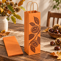 Sac cadeau pour vin en papier kraft avec poignées torsadées, imprimé de branches de châtaignier sur le devant, pour une bouteille - Orange