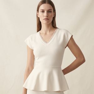 Top <span class=keywords><strong>in</strong></span> <span class=keywords><strong>Maglia</strong></span> Convertibile da Donna con Scollo a V, Collo Tondo, Vita a Peplum, Maniche Corte, Elegante Maglieria Estiva - Product Image 2