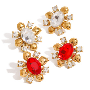 Pendientes de flor con circonitas rojas y blancas de oro de 18K, joyería de fiesta con engaste de garra, pendientes colgantes finos - Product Image 1