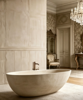 Baignoire autoportante moderne et haut de gamme en travertin, pierre artificielle, avec drain intégré et fonction massage, garantie 5 ans