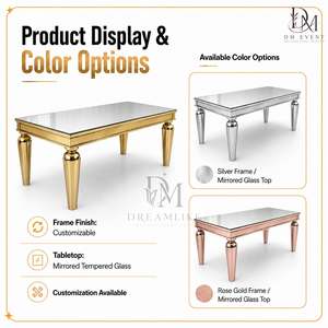 Table de salle à manger rectangulaire élégante en acier inoxydable doré avec plateau en verre miroir et pieds effilés arrondis pour l'approvisionnement de projets hôteliers et de banquets - Product Image 5