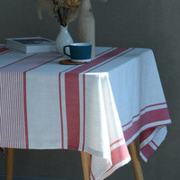 Nappe Minimaliste Rayée en Coton et Lin, Housse de Table Festive Rouge en Lin pour Noël, Nouvel An et Décoration du Réveillon