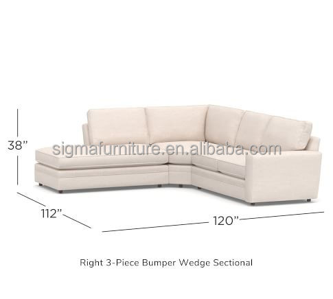 Luxury living room square arm upholstered 3-piece bumper sectional sofa set