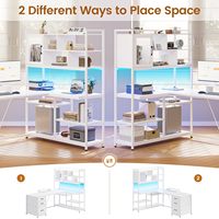 Bureau d'angle pour le travail à domicile de 66 pouces avec tiroir à dossiers et prise électrique, bureau de jeu en forme de L avec éclairage LED, bureau d'ordinateur pour deux personnes