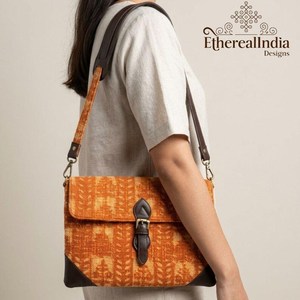 Mustard Block Print Sling <b>Bag</b> Wholesale Handmade Crossbody Messenger Purse Leather Strap <b>Boho</b> Shoulder <b>Bag</b> Export India - Product Image 6