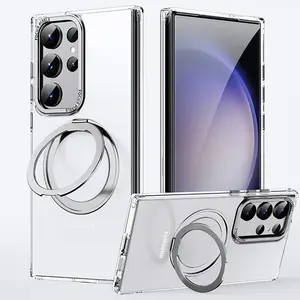 For Samsung S23ultra Transparent Fulcrum Protective Case Invisible Rotating Stand S24ultra Magnetic Phone Case