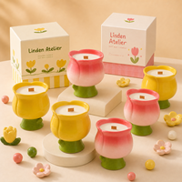 Lilin Aromaterapi Bentuk Bunga dengan Sumbu Kayu, Wadah Keramik, Lilin Kedelai, Dekorasi Pernikahan di Rumah