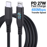 Kabel USB C ke 8-PIN Nylon Braid Ladekabel 27W PD Tembaga dengan Layar LED, Kabel Data USB untuk iPhone 14 13, grosir