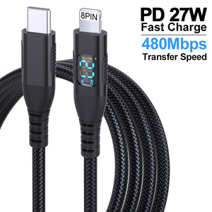 <span class=keywords><strong>C</strong></span>âble de charge <span class=keywords><strong>USB</strong></span>-<span class=keywords><strong>C</strong></span> vers 8 broches en nylon tressé 27W PD avec affichage LED en cuivre pour <span class=keywords><strong>iPhone</strong></span> 14 13, vente en gros - Product Image 6