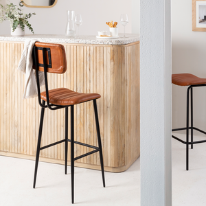 Modern Industrial Style Brown Leather Bar Chair with Strong Black Metal Frame and <b>Cushioned</b> Upholstered Seating for Home Bar - Product Image 4