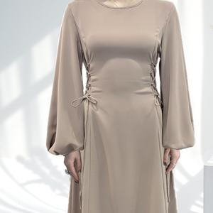 Robe longue modeste à manches lanternes et taille lacée en dentelle respirante, couleur violet poussiéreux, pour femmes musulmanes, printemps-été, Ramadan - Product Image 2