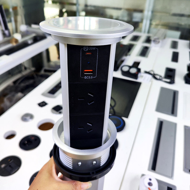 100mm Hidden Mounted AU Power Outlet Motorized Intelligent Kitchen Pop up Tower Socket with PD20W USB-C Top Wireless Charger