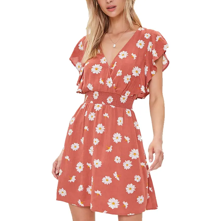 Private Label Free Size Dress Big Size Flower Lady Frock A-Line V Neck Daisy Casual Print Floral Wrap Chiffon Dresses For Women