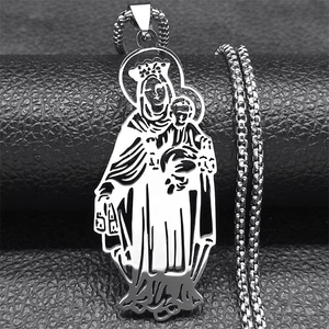 Collar con Colgante de la Virgen María y el Niño en Acero Inoxidable, Corte Láser, Cadena Tipo Caja, Joyería Religiosa Unisex - Product Image 2