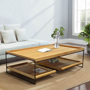 Contemporary teak wood coffee <b>table</b>, featuring a sleek black metal frame and dual shelves for stylish storage and timeless - Product Image 5