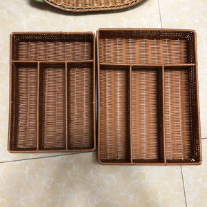 Imitation Rattan Woven Compartmentalized Storage Basket Rectangle <b>Plastic</b> Kitchen Cutlery And Miscellaneous Items Storage - Product Image 1