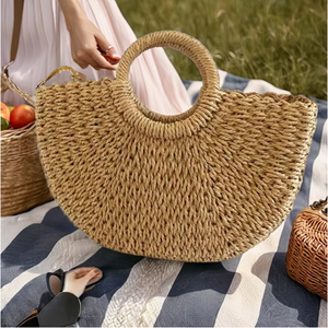 Bolso de Hombro Tipo Tote de Verano para Mujer, Estilo Bohemia, Tejido a Mano, de Ratán, con Forro de Lino y Algodón, Cierre de Cremallera, Logotipo Impreso - Product Image 4