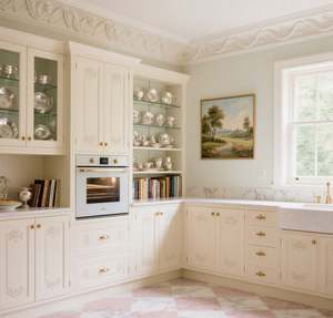 Armoires de cuisine blanches de style français SANTOPOVA avec des sculptures ornées et des poignées dorées - Product Image 1