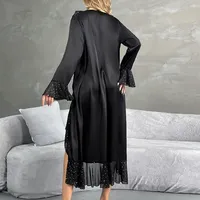Robe de nuit élégante à col en V et manches longues, sexy, en satin, pour femme, avec ourlet à volants, très vendue