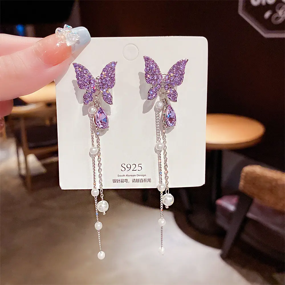 Exaggerated butterfly S925 Sterling Silver Needle Tassel Earrings Rhinestone Crystal Dangle Earrings