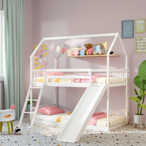 Litera de madera de pino blanco de Casa doble <span class=keywords><strong>LOFT</strong></span> moderna del fabricante con tobogán Litera baja de madera maciza para niños - Product Image 1