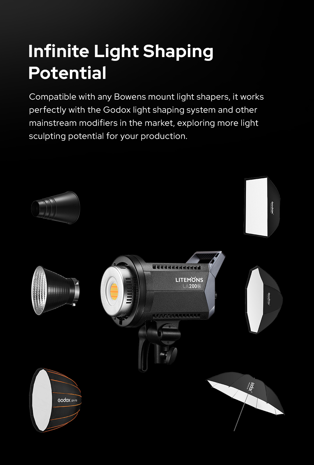 Godox Litemons LA200D 230W 5600K LED ビデオライト 101000lux 1m CRI