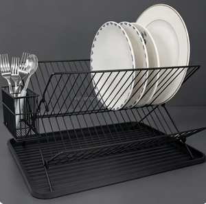 Escurridor de Platos de Bambú de <span class=keywords><strong>2</strong></span> Niveles con Revestimiento de Polvo Negro - Product Image 1