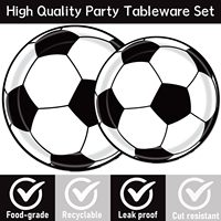 Nouvel ensemble de vaisselle en papier style dessin animé sur le thème du football noir et blanc pour fêtes d'anniversaire – Serviettes, gobelets, assiettes, couteaux, fourchettes, cuillères – 96 pièces