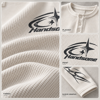 Nouvelle Arrivée Sweat-shirt Homme en Maille Gaufrée à Col Boutonné Manches Longues Imprimé Sérigraphié Épaules Tombantes Style Décontracté Streetwear