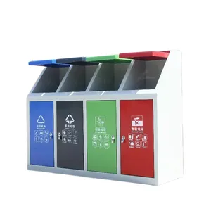 Outdoor Waste Bin Large Metal Stainless Steel Recycling Bin 4 Compartment Sorting Trash Can Garbage Can